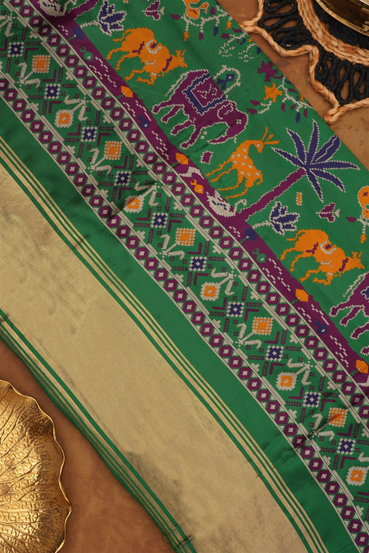 Ikat Silk Blend Green Saree
