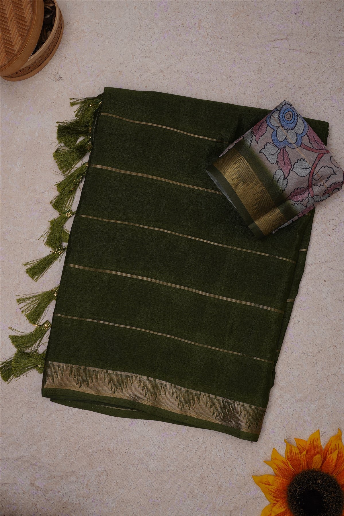Fancy Chinon Mehandi Green Saree