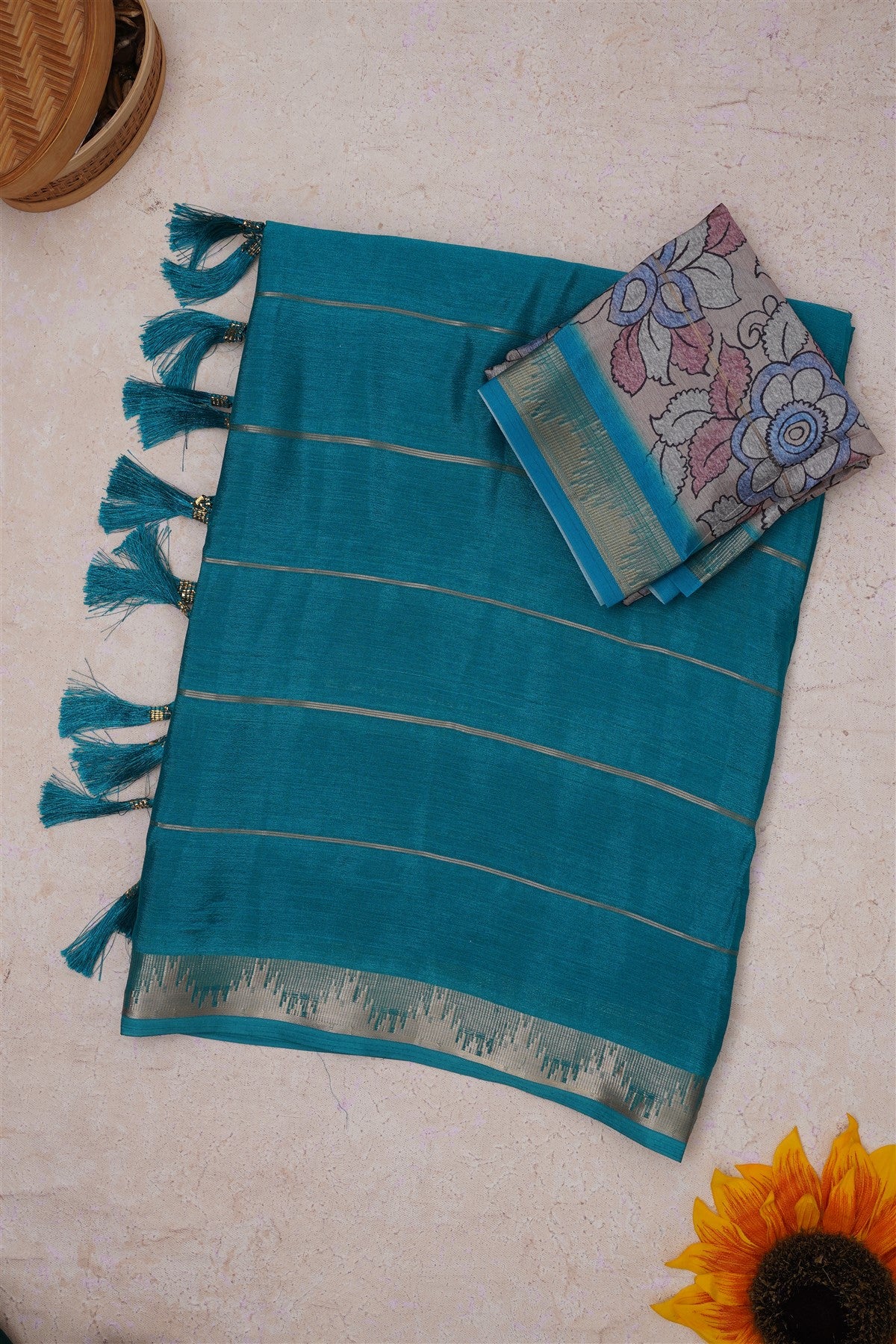 Fancy Chinon Teal Saree