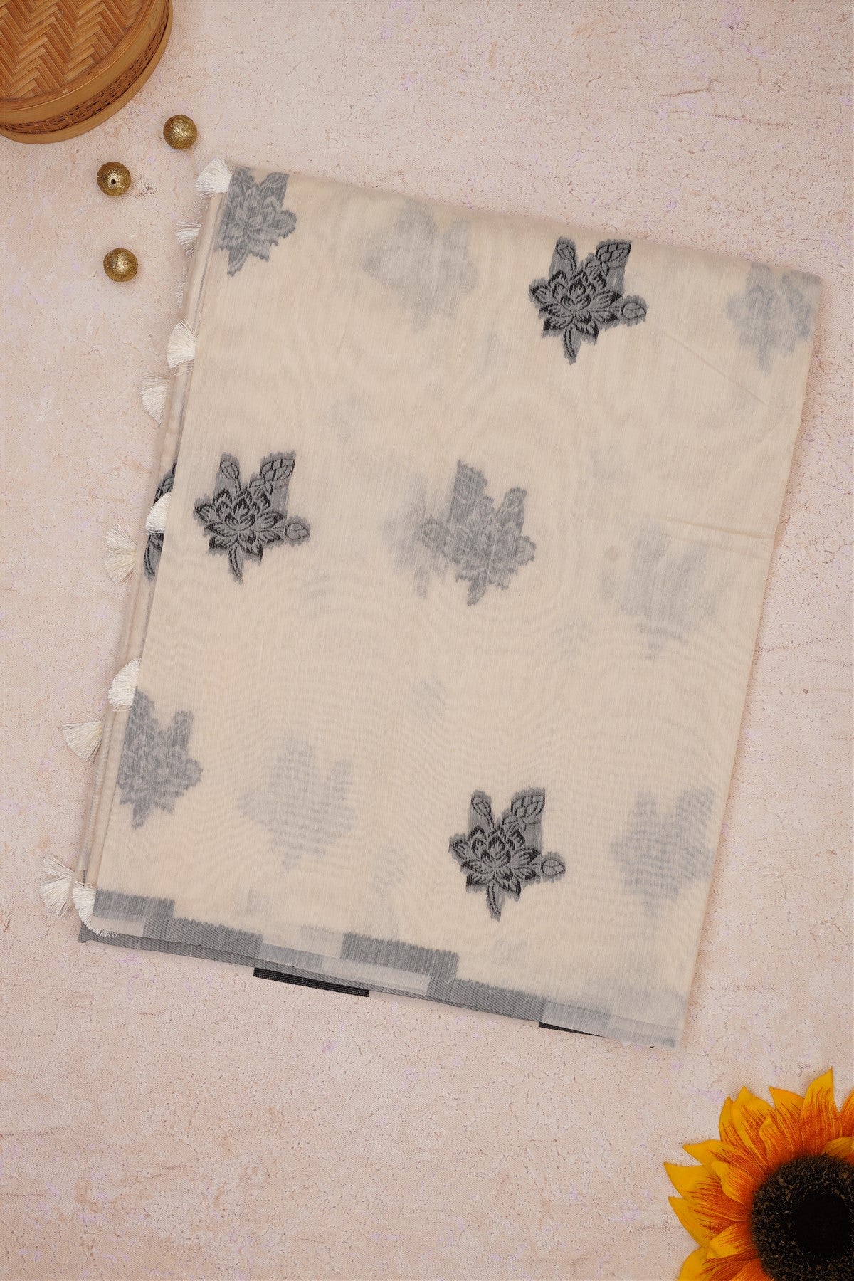 Fancy Khadi Cotton Light Cream Saree