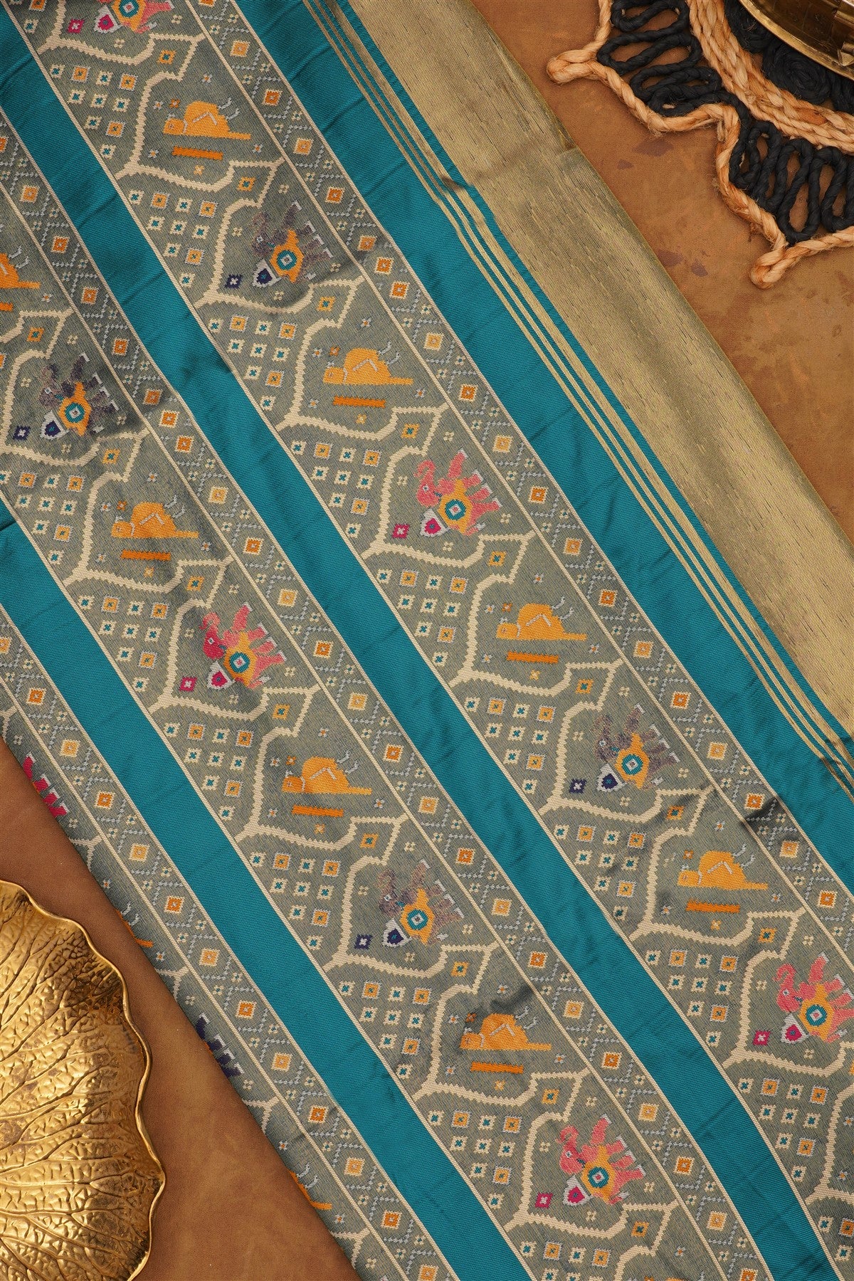 Ikat Silk Blend Rama Green Saree