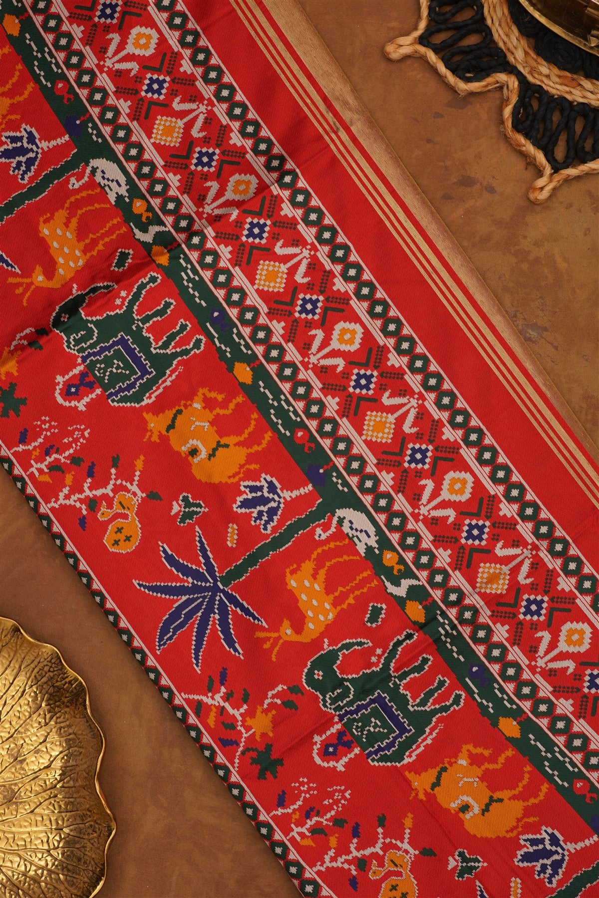 Ikat Silk Blend Dark Green Saree
