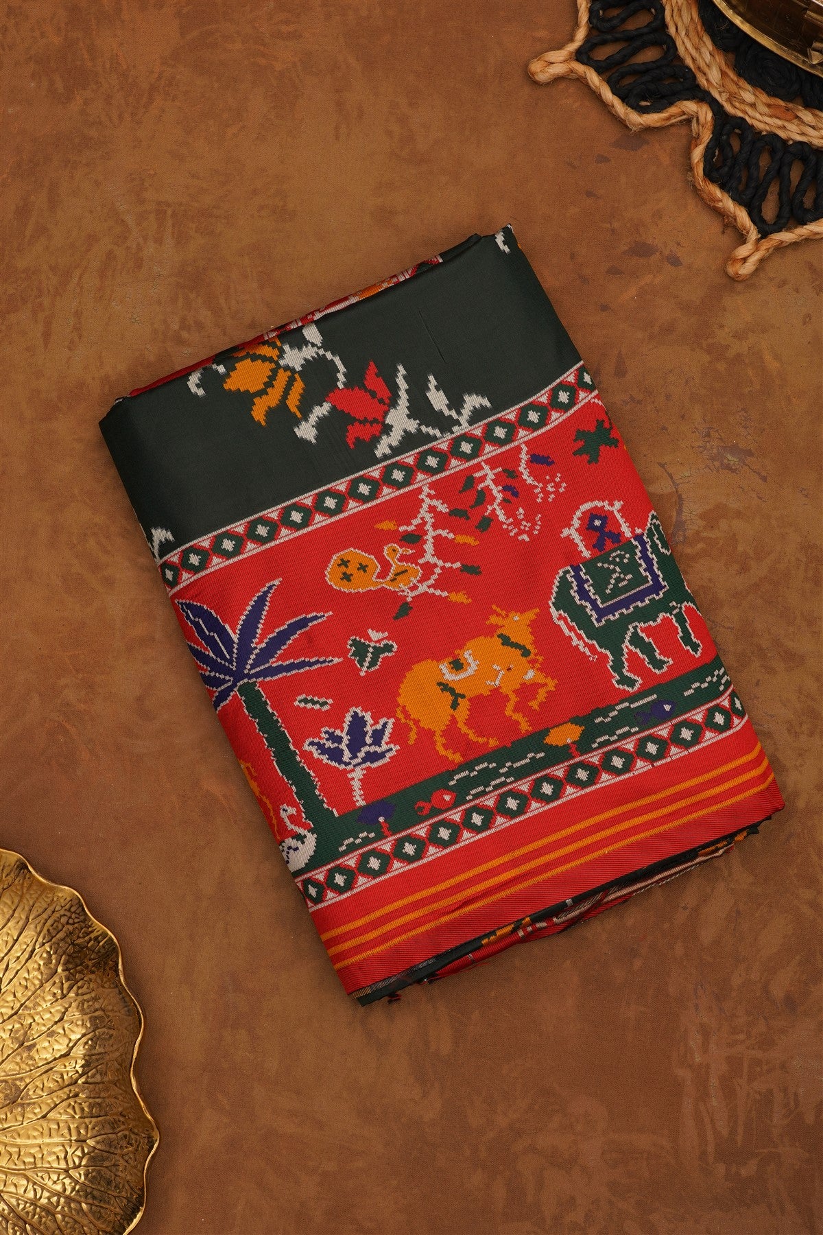 Ikat Silk Blend Dark Green Saree