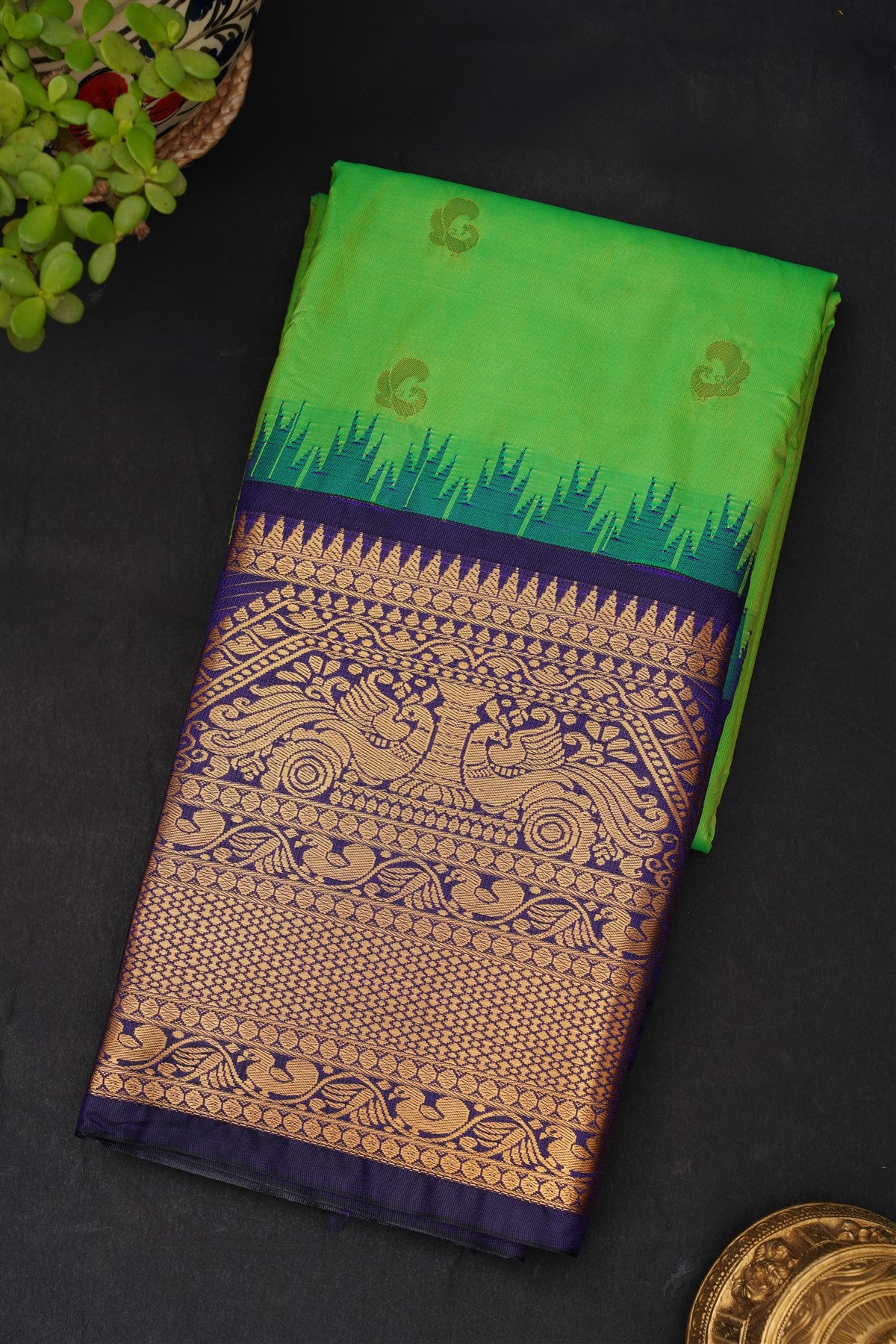 Gadwal Silk Blend Parrot Green Saree