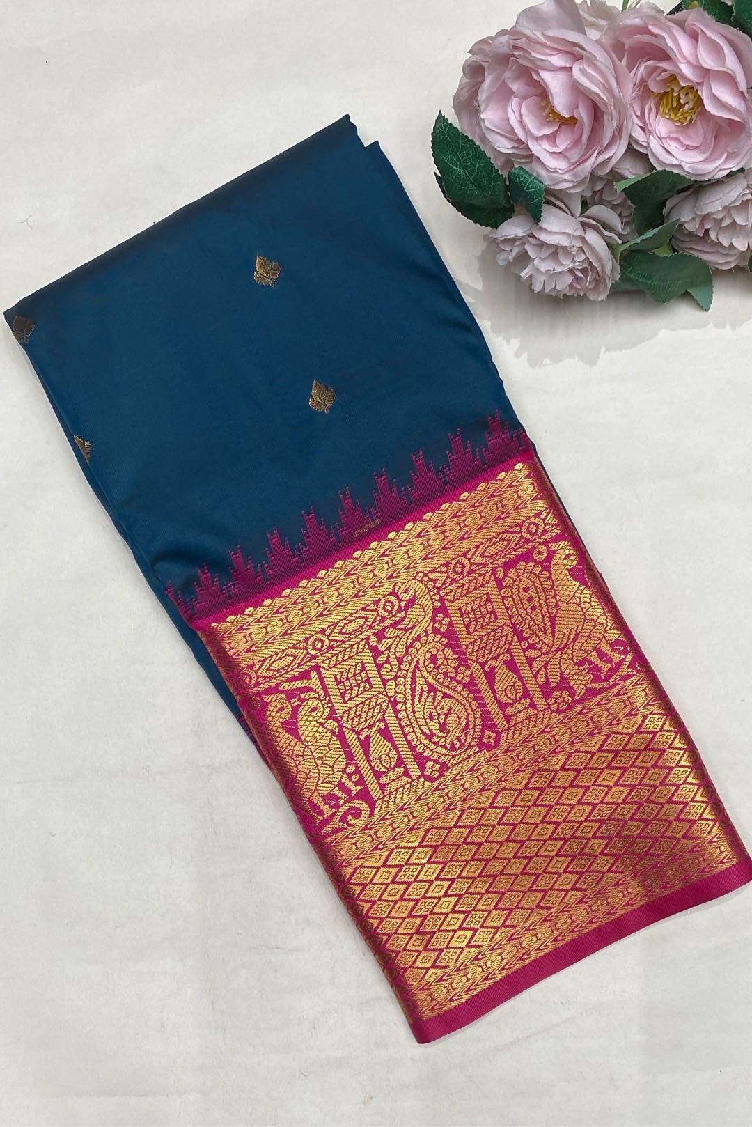 Gadwal Silk Blend Teal Saree