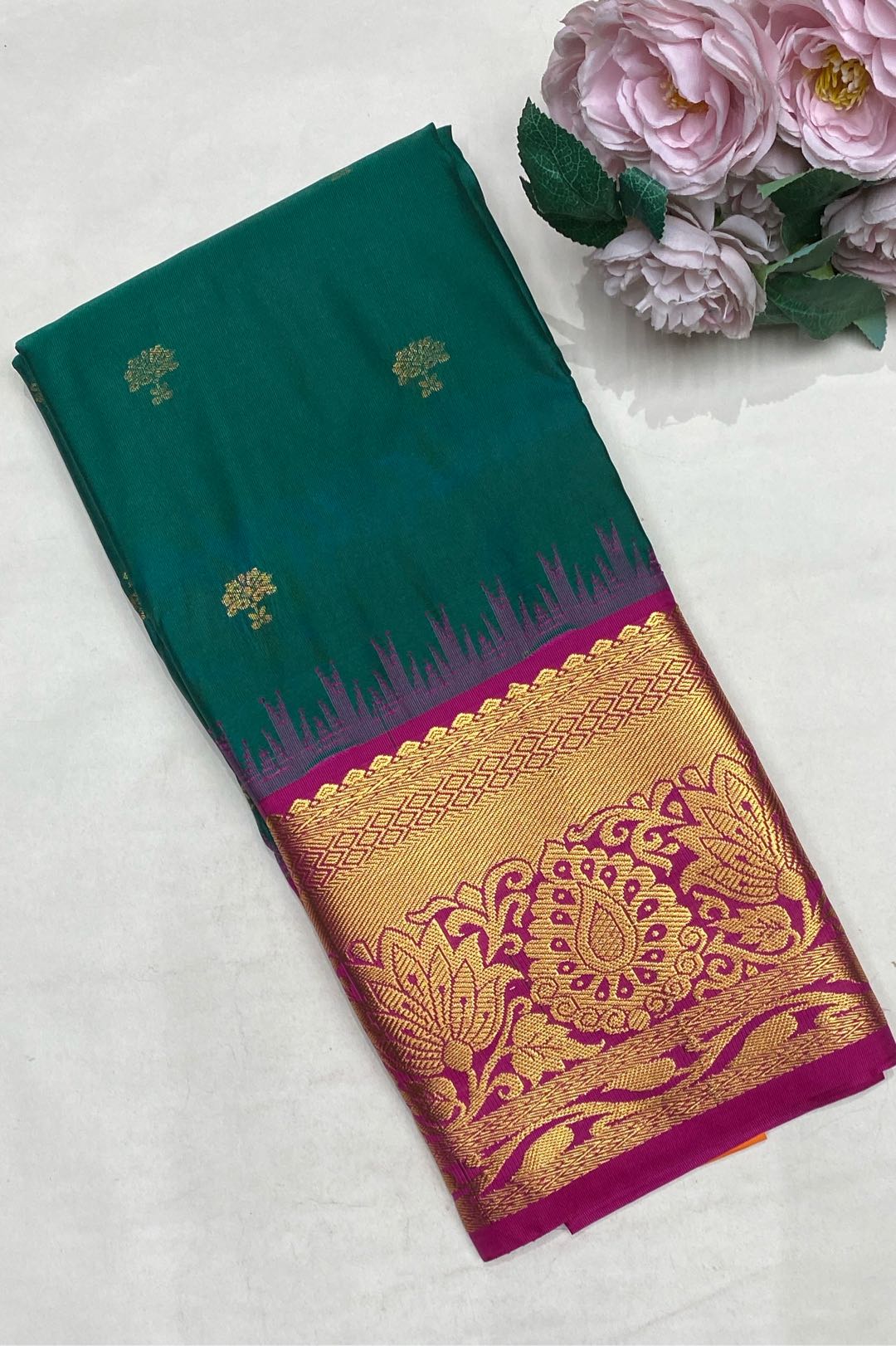 Semi Kanchipuram Silk Blend Green Saree