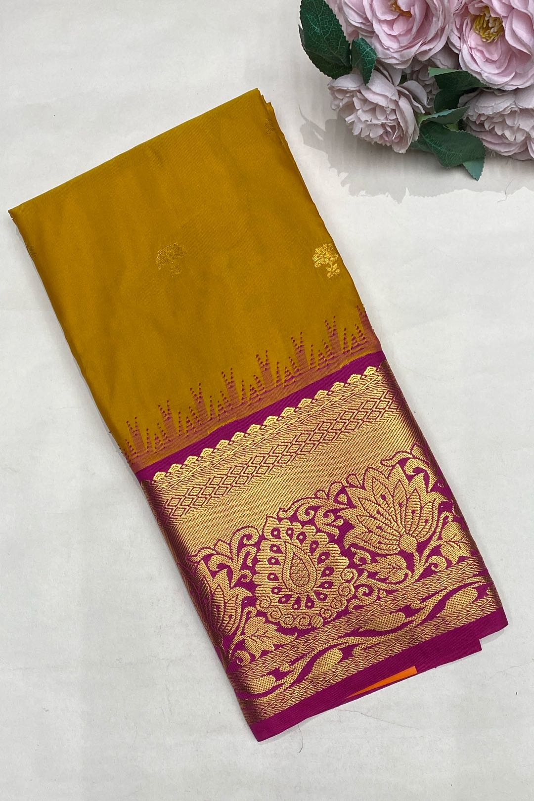 Semi Kanchipuram Silk Blend Light Mustard Saree