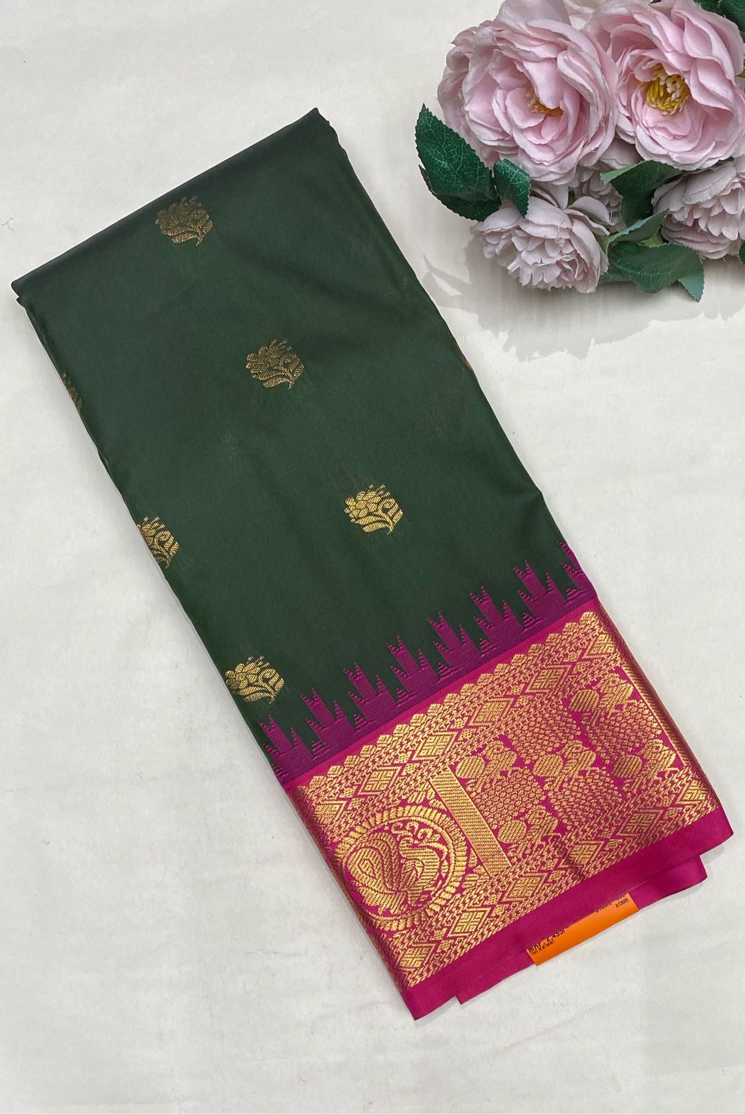 Gadwal Silk Blend Dark Olive Green Saree