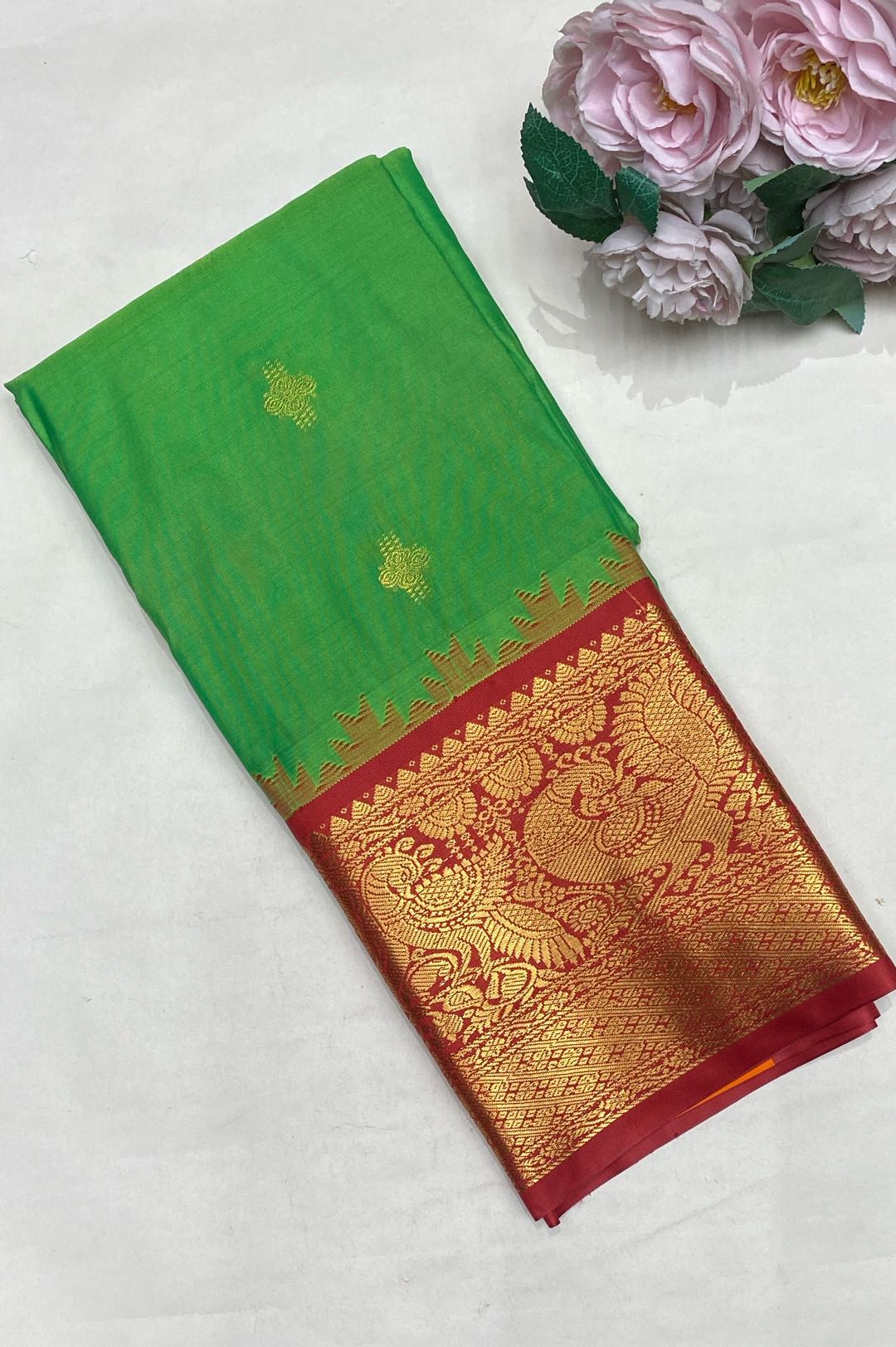 Gadwal Silk Blend Parrot Green Saree
