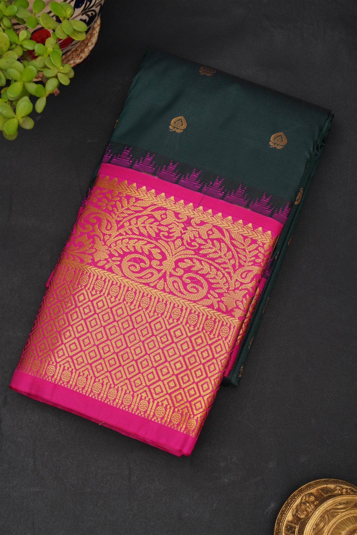 Gadwal Silk Blend Dark Green Saree