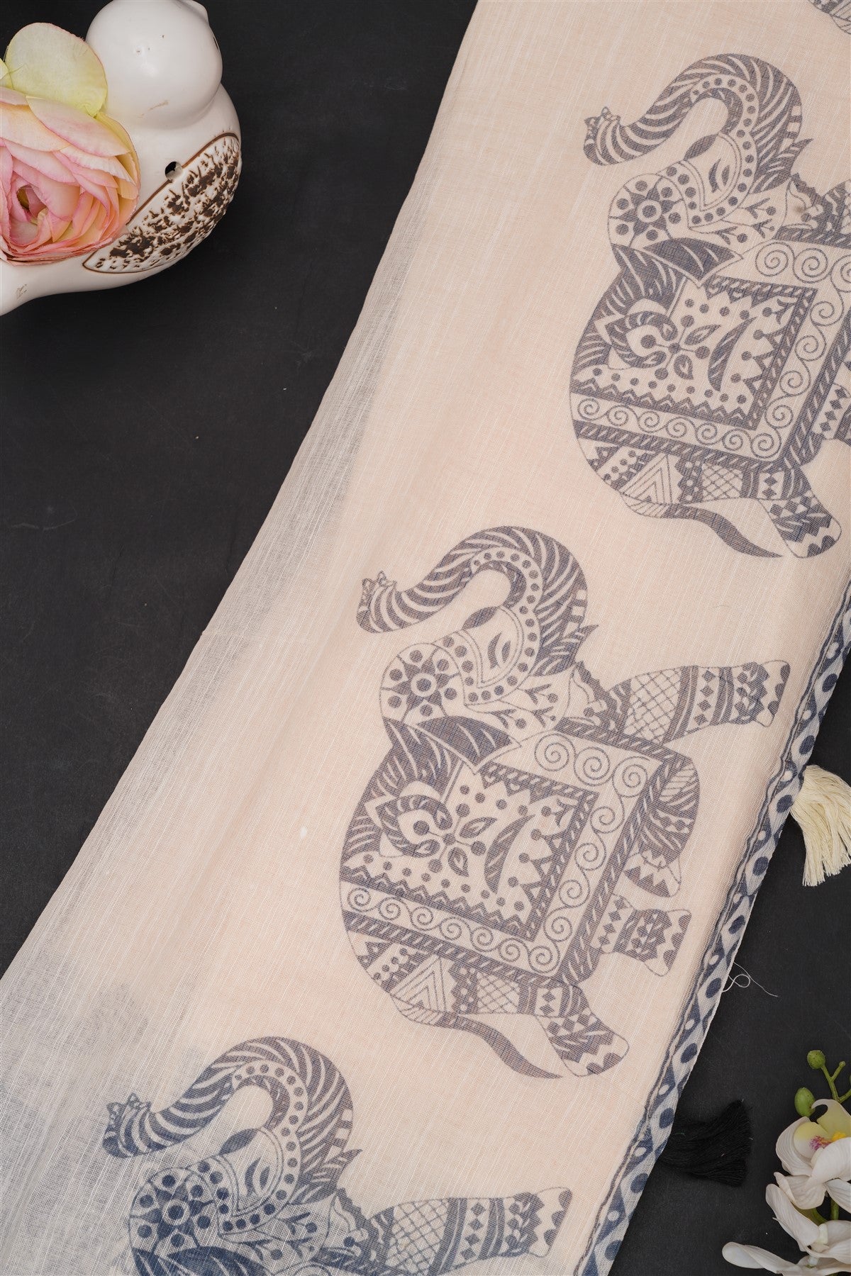 Fancy Linen Cream Saree