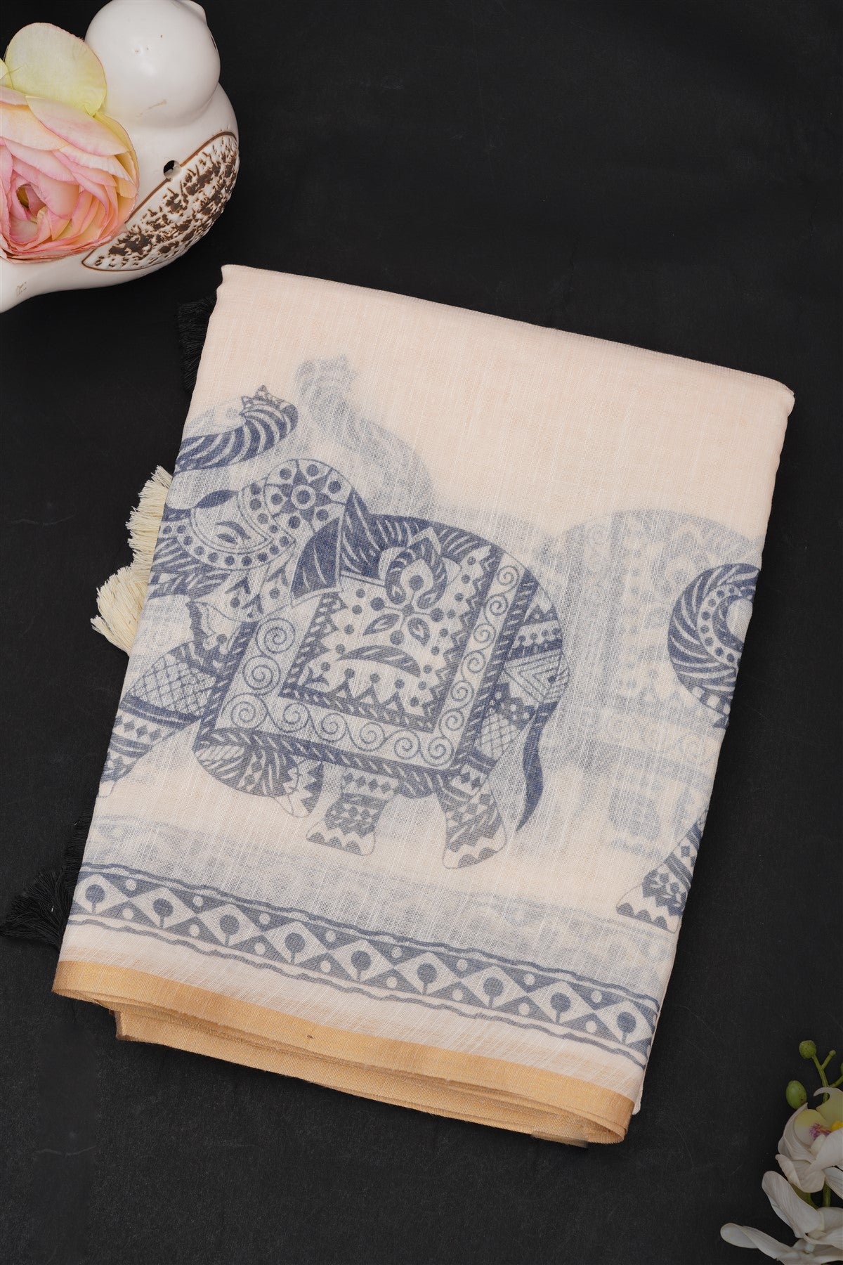 Fancy Linen Cream Saree