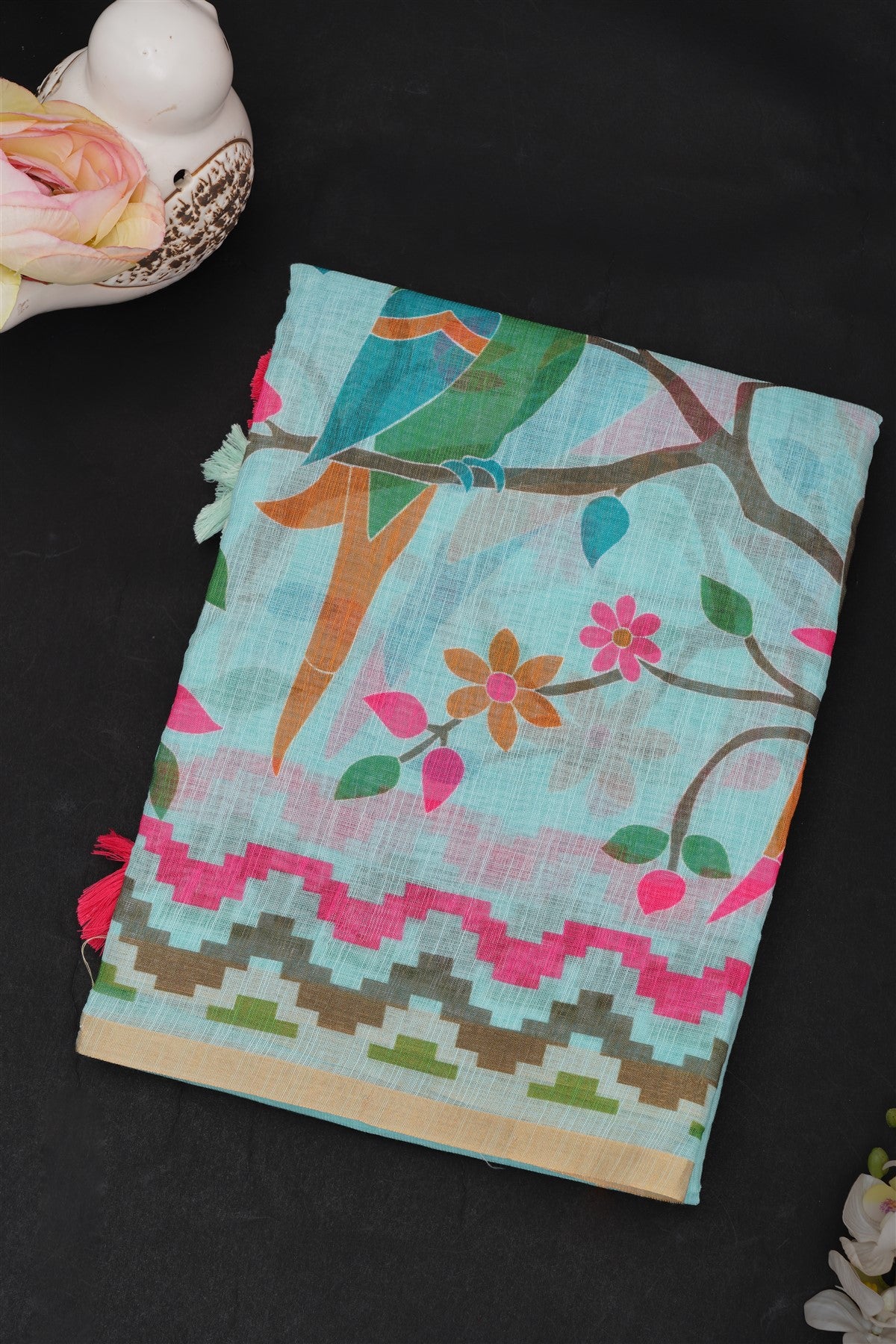 Fancy Linen Light Sea Green Saree