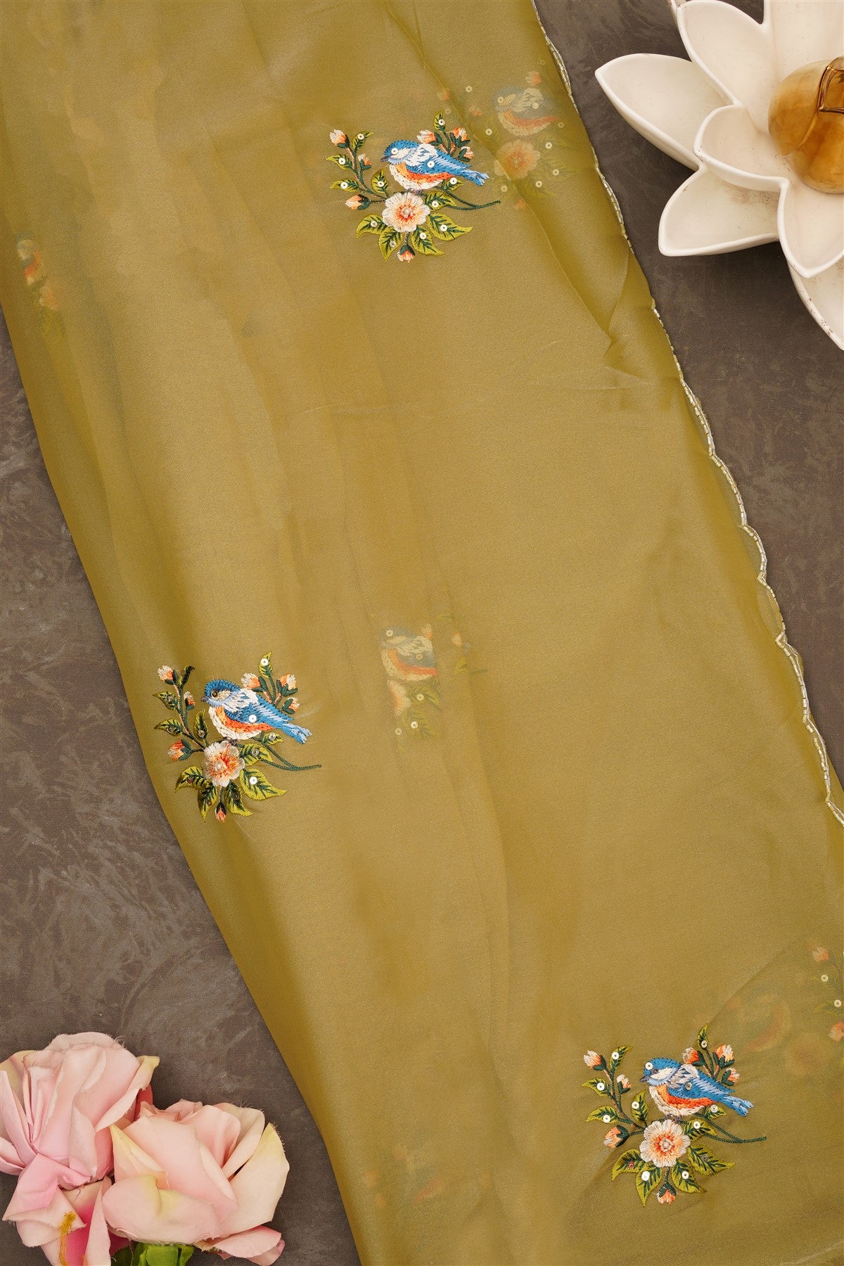 Fancy Glass Kora Light Olive Green Saree