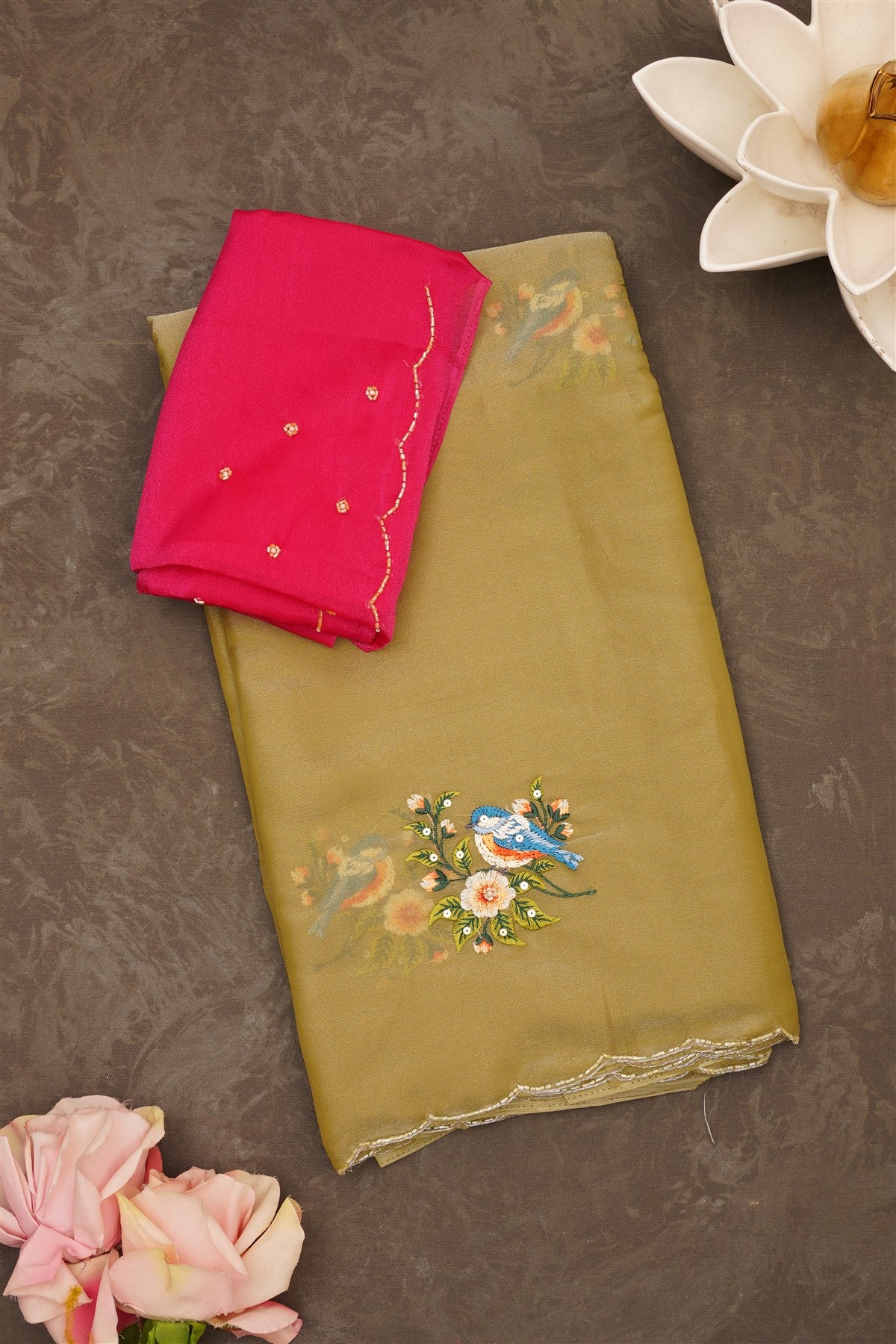 Fancy Glass Kora Light Olive Green Saree