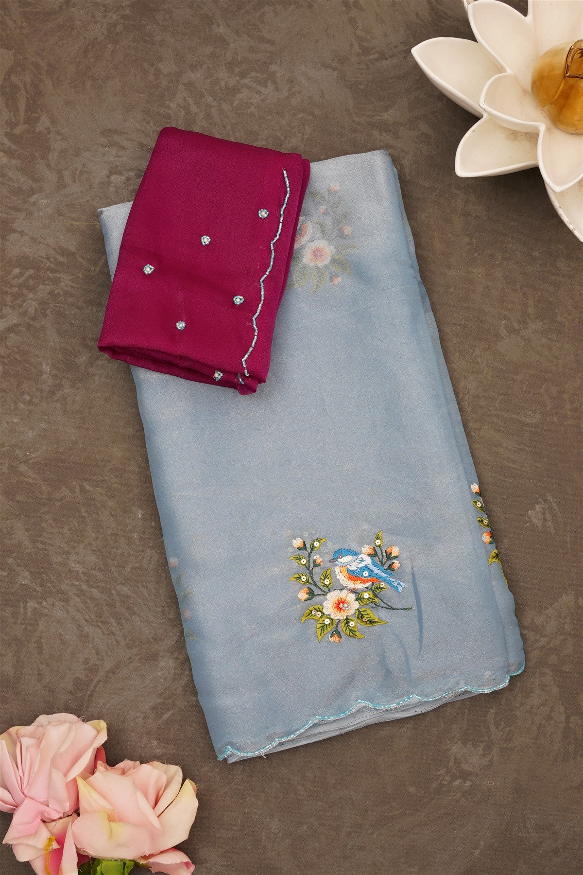 Fancy Glass Kora Slate Blue Saree
