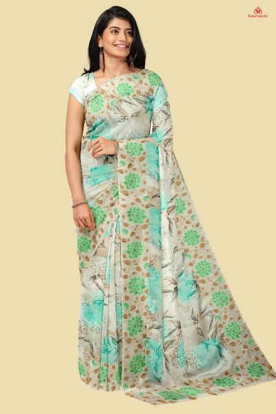 CREAM and OLIVE FLORALS CREPE Saree with FANCY
