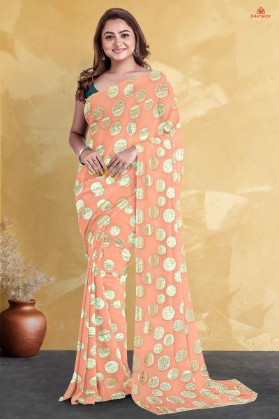 PEACH and DARK GREEN CIRCLES GEORGETTE Saree with FANCY