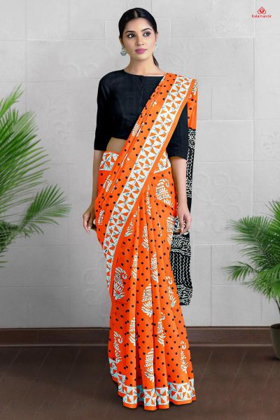 ORANGE and WHITE POLKA DOTS SILK BLEND Saree with FANCY