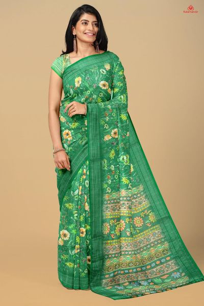 GREEN and MULTI FLORALS LINEN Saree with FANCY
