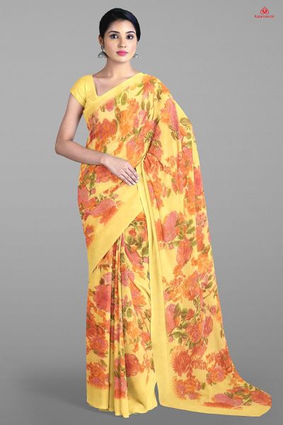 YELLOW and PINK FLORALS CHIFFON Saree with FANCY