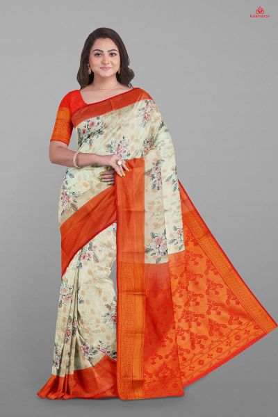 CREAM and RED FLORALS SILK Saree with FANCY