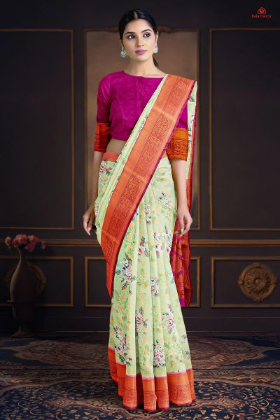 LIGHT GREEN and PURPLE FLORALS SILK Saree with FANCY
