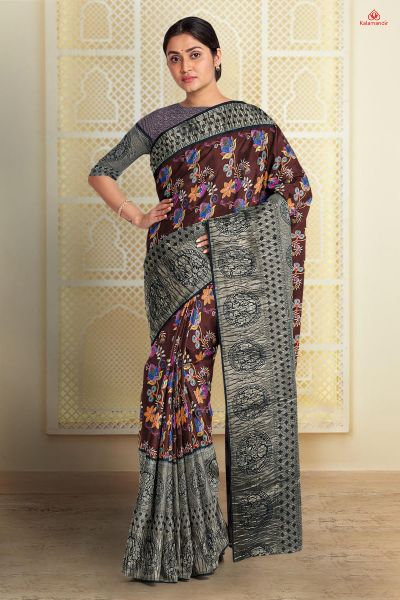 DARK MAROON and NAVY BLUE FLORALS SOFT JUTE Saree with FANCY