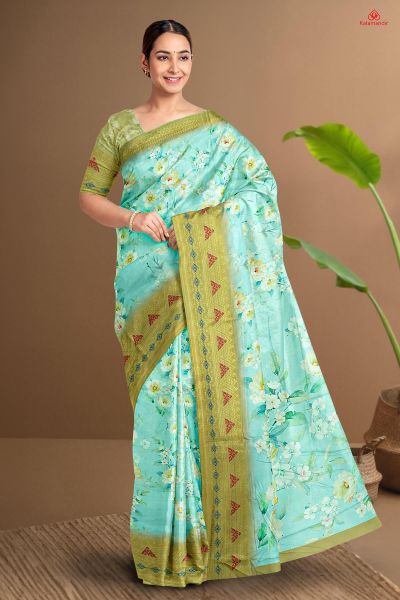 LIGHT BLUE and MULTI FLORALS SILK BLEND Saree with FANCY