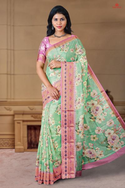 LIGHT SEA GREEN and DUSTY PINK FLORALS SILK BLEND Saree with FANCY