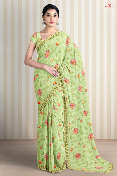 LIGHT GREEN and MULTI FLORALS CHIFFON Saree with FANCY
