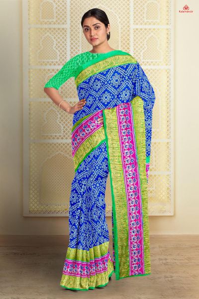 ROYAL BLUE and GREEN IKKAT PRINT SILK BLEND Saree with FANCY