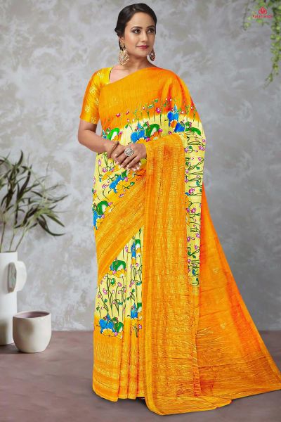 LIGHT YELLOW and MUSTARD FLORALS SILK BLEND Saree with FANCY