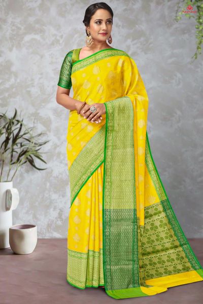 YELLOW and GREEN MOTIFS SILK Saree with FANCY