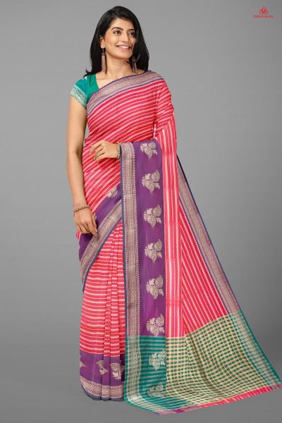 PINK and PURPLE STRIPES SILK Saree with FANCY