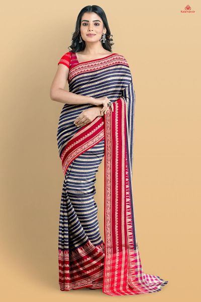 NAVY BLUE and MAGENTA STRIPES SILK Saree with FANCY