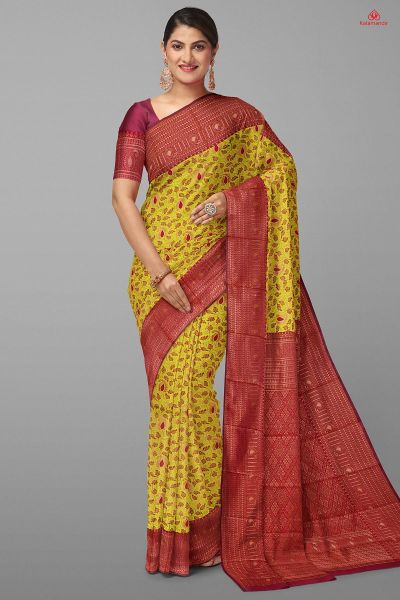 LIME GREEN and MAROON FLORAL JAAL SILK Saree with FANCY