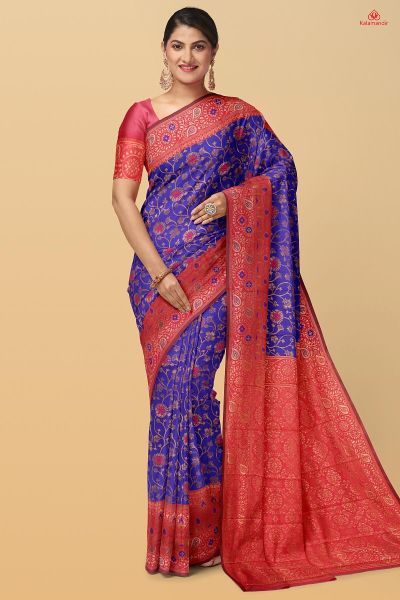 ROYAL BLUE and PINK FLORAL JAAL SILK Saree with FANCY