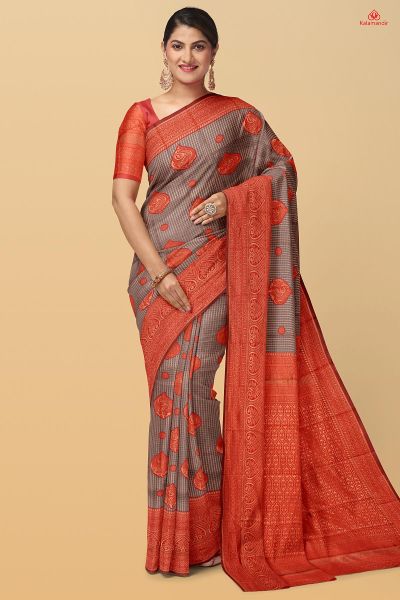 GREY and RED CHECKS SILK Saree with FANCY