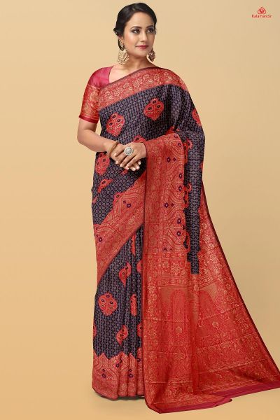 NAVY BLUE and PINK FLORAL LINES SILK Saree with FANCY