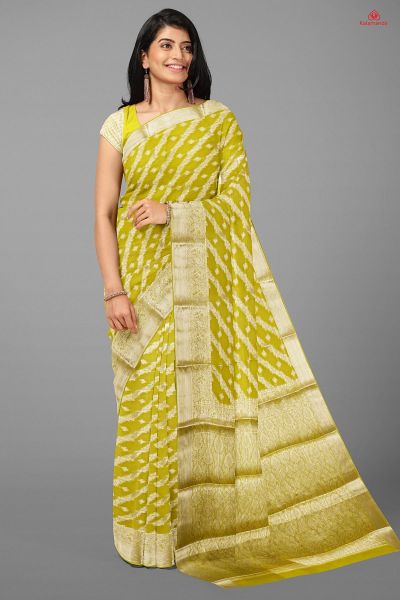 LIME GREEN and GOLD FLORAL JAAL CHIFFON Saree with BANARASI FANCY