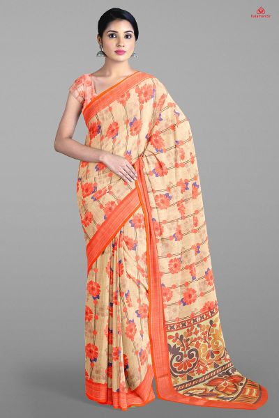 PEACH and ORANGE FLORALS LINEN Saree with FANCY