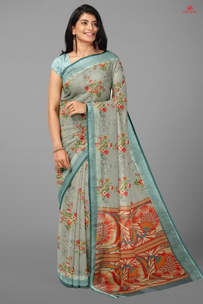 LIGHT GREY and MULTI FLORALS LINEN Saree with FANCY