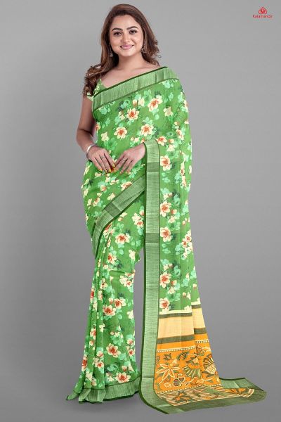 GREEN and CREAM FLORALS LINEN Saree with FANCY