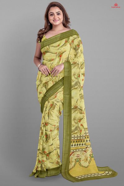 MULTI and MEHANDI GREEN FLORALS LINEN Saree with FANCY