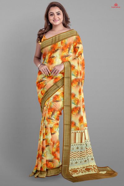 CREAM and MULTI FLORALS LINEN Saree with FANCY