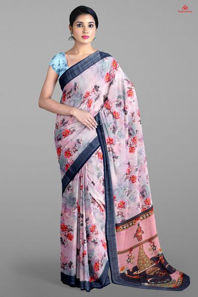 LAVENDER and DARK BLUE FLORALS LINEN Saree with FANCY