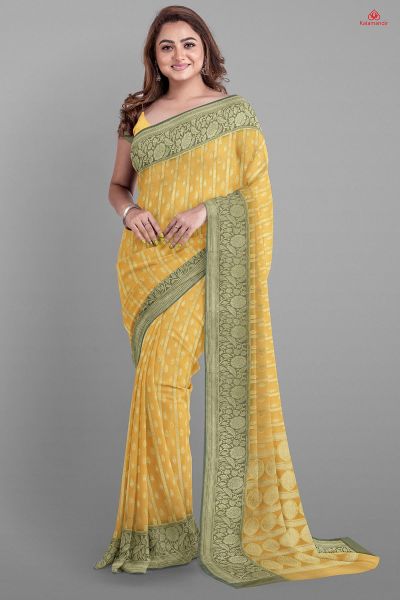 YELLOW and GOLD LINES AND FLORALS KORA Saree with FANCY