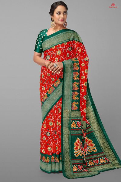 RED and DARK GREEN IKKAT PRINT SILK BLEND Saree with FANCY