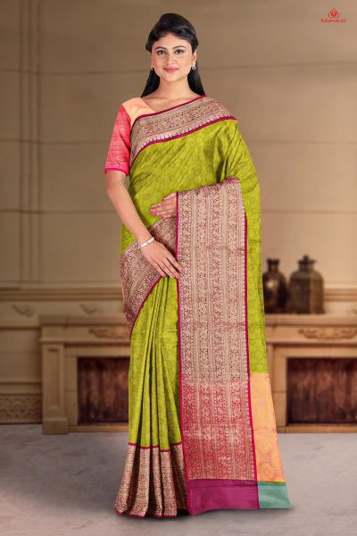 OLIVE GREEN and PURPLE FLORAL JAAL SILK Saree with FANCY